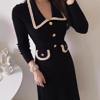 Korean Long Sleeve Midi Sweater Dress Women Pullover Turn down Collar Buttons Autumn Winter