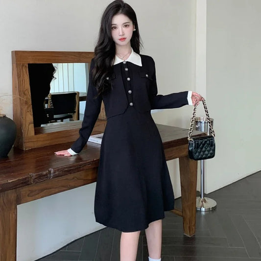 Patchwork Two Piece Dress Women Elegant Office Lady Black Party Dress Drum Korean Fashion