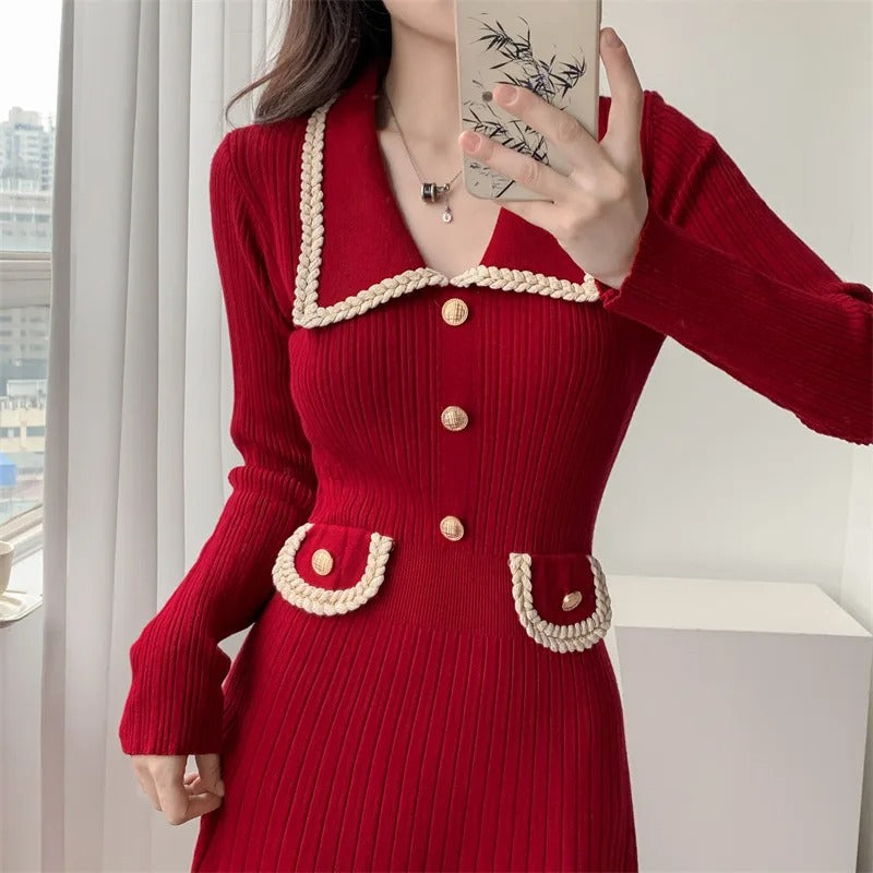 Korean Long Sleeve Midi Sweater Dress Women Pullover Turn down Collar Buttons Autumn Winter