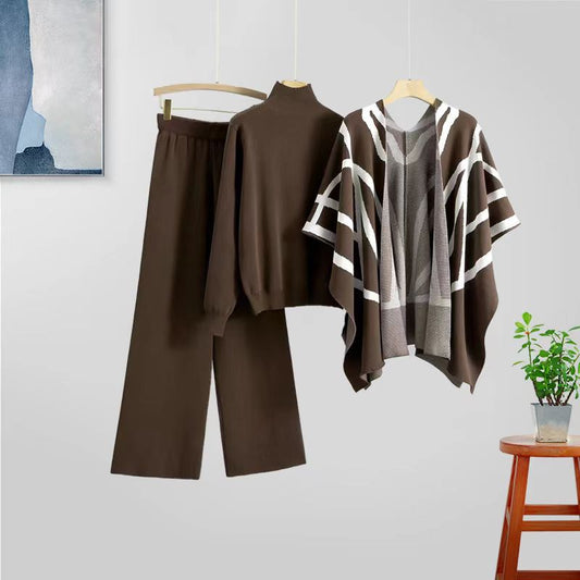 Brown Women's Knitted 3 Piece Coord Set - Sweater Pullover, Wide-Leg Pants & Printed Scarf