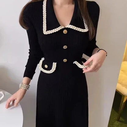 Korean Long Sleeve Midi Sweater Dress Women Pullover Turn down Collar Buttons Autumn Winter