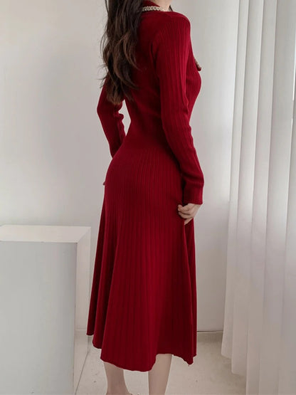 Korean Long Sleeve Midi Sweater Dress Women Pullover Turn down Collar Buttons Autumn Winter