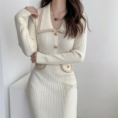 Korean Long Sleeve Midi Sweater Dress Women Pullover Turn down Collar Buttons Autumn Winter