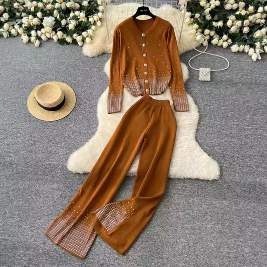 Autumn Chic Coord set Single Breasted Loose Cardigan & High Waist Wide-Leg Pants with Diamond Detail