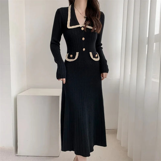 Korean Long Sleeve Midi Sweater Dress Women Pullover Turn down Collar Buttons Autumn Winter