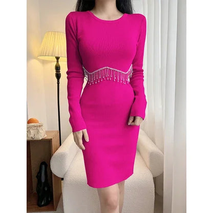 Tassel Tight Hip Skirt Winter High-End Hot Girl Knitted Dress.