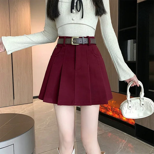 Pleated Woolen Short Skirt with Belt – Stylish & Warm Women's Winter Skirt