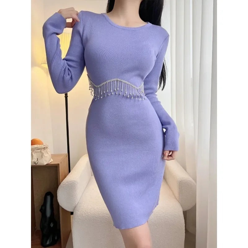 Tassel Tight Hip Skirt Winter High-End Hot Girl Knitted Dress.