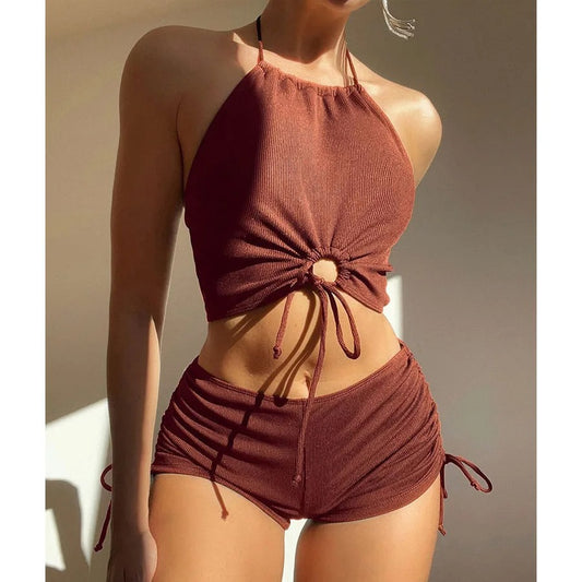 Brown Backless Top and Hipster Shorts Set