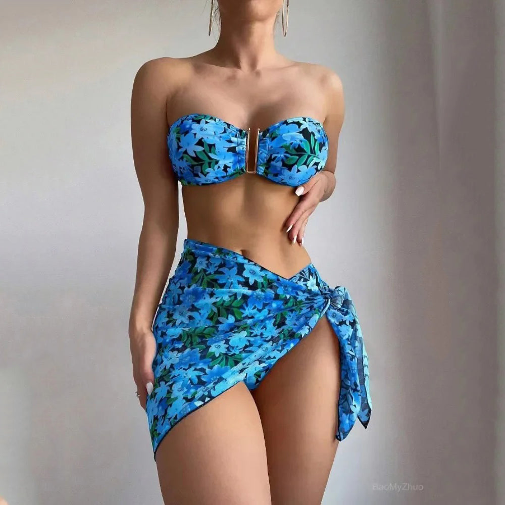 3-Piece Beachwear Set – Tube Top, Bikini, and Sheer Cover-Up