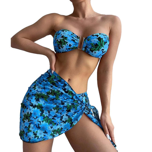 Funwear Print Split Bikini 3-Piece Set – Backless High Waist Bandeau Swimsuit for Women | Vacation Beach Wear