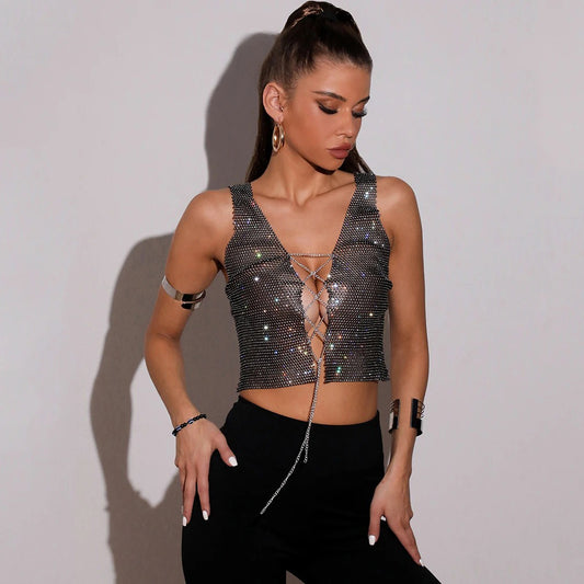 Shiny Rhinestone Chain Vest – Glamorous Statement Piece for Women