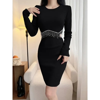 Tassel Tight Hip Skirt Winter High-End Hot Girl Knitted Dress.