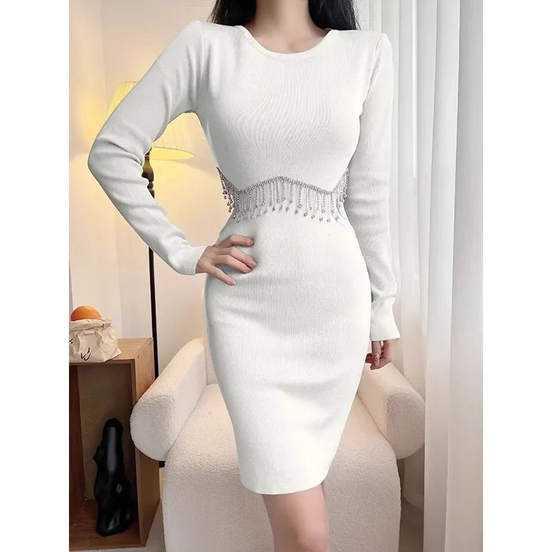 Tassel Tight Hip Skirt Winter High-End Hot Girl Knitted Dress.