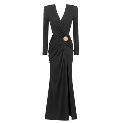 Black Long Bodycon Dress with Deep V Neck and Front Side Slit – Elegant Evening Dress