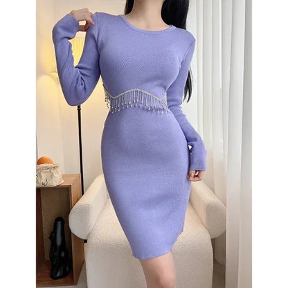 Tassel Tight Hip Skirt Winter High-End Hot Girl Knitted Dress.