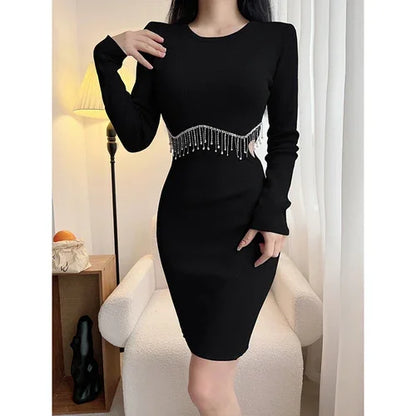 Tassel Tight Hip Skirt Winter High-End Hot Girl Knitted Dress.