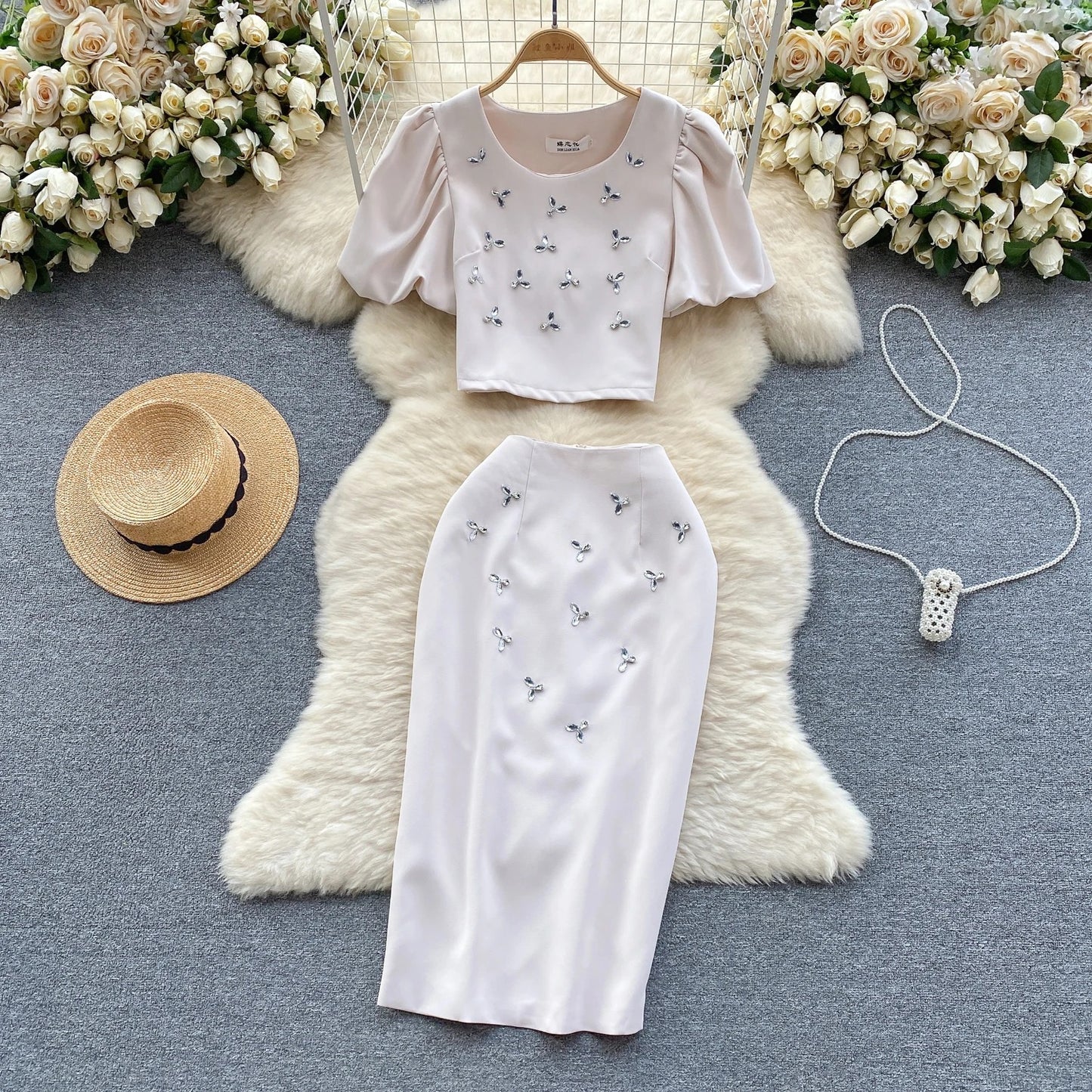 Luxury Biscuit 2-Piece Set for Women – Faux Pearl & Diamond Puff Sleeve Outfit